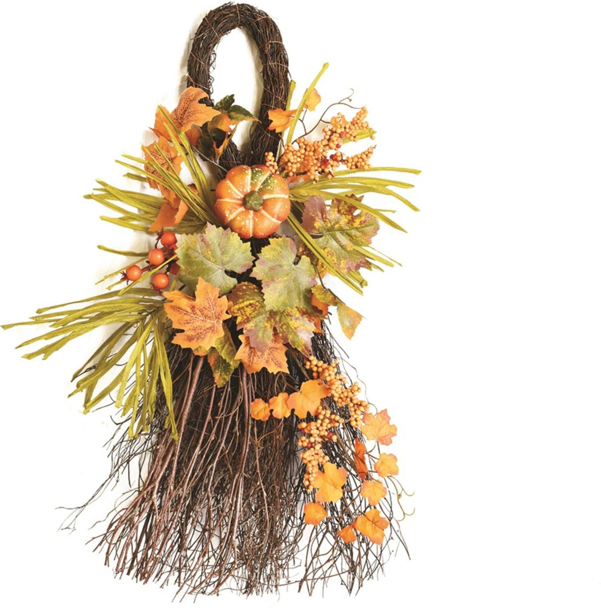 26" Autumn Harvest Decorative Artificial Pumpkins, Berries and Leaves Teardrop Door Swag